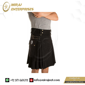 Kilt utilitaire pour homme en coton et jean, style tartan plissé moderne, fournisseur en gros - Product Image 2