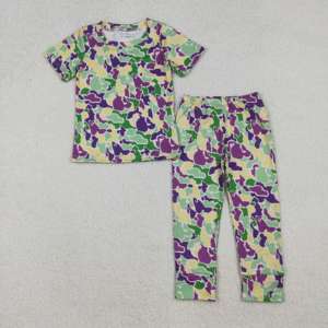 Conjuntos de Pijamas Casuales para Niños con Estampado de Lazos Coquetas de Camuflaje de Mardi Gras RTS, Ropa de Dormir Unisex al por Mayor, Conjuntos de Ropa para Niños - Product Image 4