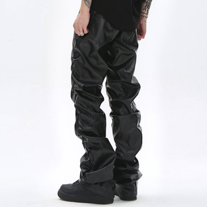 OEM Custom logo Hip Hop Custom Pockets Shiny <b>Punk</b> Faux Pu Leather Stacked Pants Men Streetwear Stacked Flare Faux Leather Pants - Product Image 4