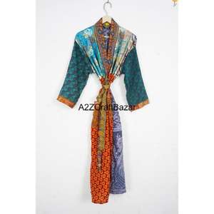 Robe longue bohème en soie pour femme, imprimé patchwork, col en V, cordon de serrage, manches longues, respirante, élégante, vêtements de plage d'été - Product Image 1