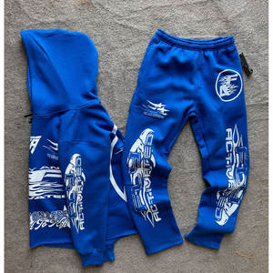 Custom Hot Selling Zip up Sweat Suits Distress Patch Acid Wash <b>Hoodie</b> and Sweatpants Set Flared Tracksuit for <b>Men</b> and Women - Product Image 5