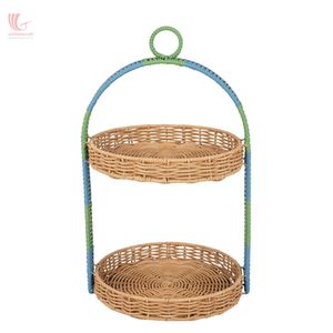 Bandeja de mimbre de 2 niveles para exhibir postres y organizar la encimera, bandeja de imitación de ratán para panadería, frutas - Product Image 1