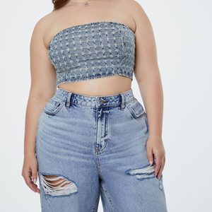 Nueva llegada más tamaño transpirable desgastado Denim Tube Top para mujer estilo Casual camisa al por mayor para fiesta precio barato - Product Image 1