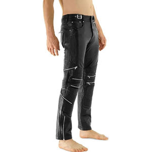 Pantalon slim droit pour homme en cuir véritable noir mat avec fermeture éclair, style moto, pantalon en cuir PU pour homme - Product Image 2