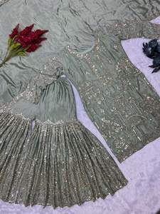 Premium cousu indien ethnique lourd broderie quatre côtés dentelle bordure travail pur Chinon soie haut Sharara Dupatta 3 pièces ensemble - Product Image 6