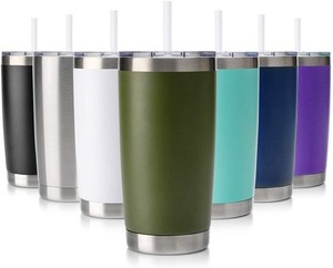 แก้วน้ำสแตนเลสสองชั้นทรงเพรียวพร้อมหลอดและฝาปิด - Product Image 1