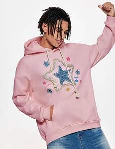 Custom Oversized Mens Graphic Hoodie Heavyweight Pullover Vintage Denim Star Applique Bordado Streetwear | Exportador - Product Image 4