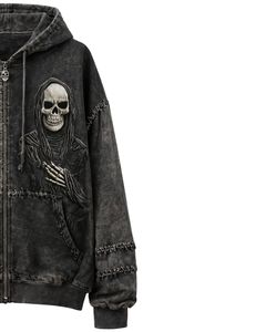 Sweat à capuche surdimensionné en molleton de coton pour femme, personnalisé, noir anthracite, délavé à l'acide, avec broderie graphique de crâne, style streetwear - Product Image 3