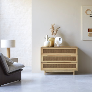 Muebles de madera de teca Mesita de noche con 3 cajones Combinación de ratán para dormitorio interior y hoteles-Cece - Product Image 2