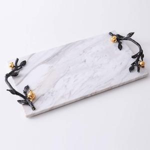 Modern White Marble Serving Tray Gold Twisted Leaf Metal Handles Elegant Decorative Tabletop Kitchenware for Wedding Home Decor - Product Image 3