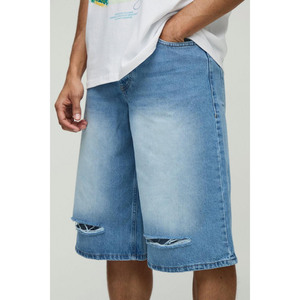 Jorts d'été décontractés pour hommes, jorts à la mode, denim effiloché, détails déchirés, shorts mi-genoux, broderie 100% coton, rapide - Product Image 3