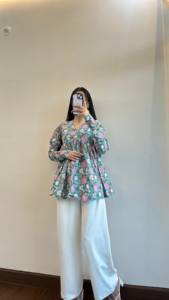 Élégant femmes été coton chemise robe décontracté hauts manches longues imprimé fleuri main bloc tissé tendance solide lavable naturel - Product Image 3