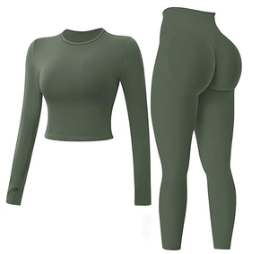 Ensembles de sport pour femmes, 2 pièces, haut à manches longues sans couture, leggings à effet froncé caché, tenues de sport - Product Image 6