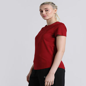 Camiseta de verano informal con cuello en R para mujer, color rojo sólido con patrón estampado y decoración de borlas de longitud regular suelta - Product Image 1