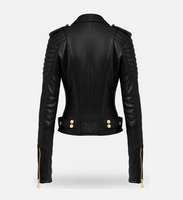 Veste en cuir d'agneau véritable pour femme, style motard, épaules matelassées, fermeture éclair dorée, boucles et boutons, personnalisation disponible