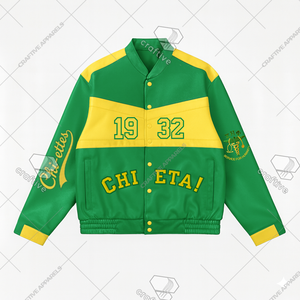 Chi Eta Phi Racing Style PU Chaqueta de cuero Logotipo personalizable Ropa griega Sorority Stand Collar Color Block Racer Jacket - Product Image 1