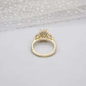 IGI Certified Three Stone Cushion Cut Engagement <b>Ring</b> with Pave Band Yellow Gold <b>Diamond</b> <b>Rings</b> - Product Image 2