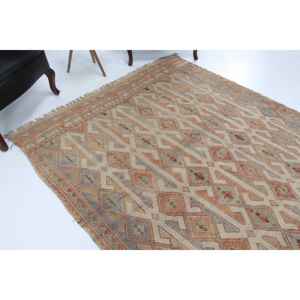 Alfombra Turca de 5.7x8.4 pies, Alfombra Vintage Grande, Alfombra de Lana a Cuadros Marrón Rojizo - Product Image 1