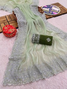 Saree de seda de diseñador para mujer con bordado de lentejuelas Zari Hermoso estilo pakistaní Ropa de boda y fiesta - Product Image 4