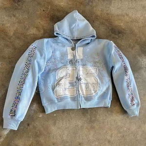 Sudadera con capucha de diamantes de imitación lavado ácido de moda para mujer, algodón transpirable con cremallera, moda callejera con detalles en purpurina - Product Image 1