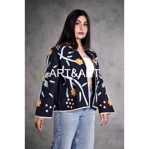 Veste matelassée courte bord à bord unisexe en coton, respirante et écologique, brodée Suzani Automne - Product Image 2