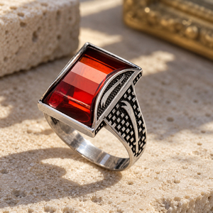 Anillo de Hombre con Piedra de Granate CZ en Forma Rectangular, Diseño Otomano, Chapado en Rodio, Anillo de Boda Turco, Plata de Ley 925, Joyería Hecha a Mano - Product Image 4