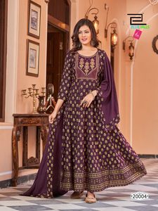 Costume de soirée imprimé Anarkali Kurti avec pantalon et Dupatta, longues robes Anarkali avec broderie lourde de styliste - Product Image 5