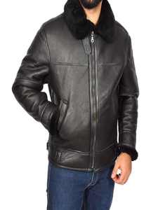 Chaqueta voladora de piel de oveja negra para hombre, chaquetas de piel de cordero de doble cara - Product Image 6