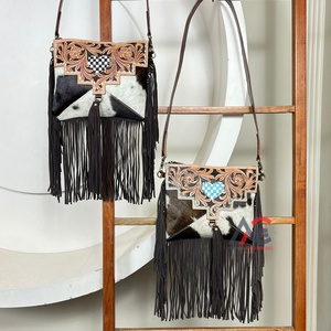 Vente chaude nouveau Style 2025 usiné à la main en cuir de vachette bandoulière sac à franges en cuir véritable conception à carreaux sac à main pour les femmes - Product Image 1