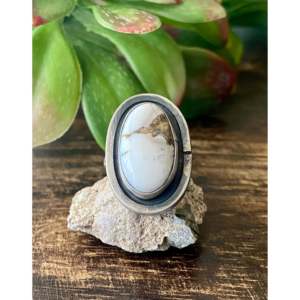 Sheila Becenti Handmade <b>Boho</b> <b>Ring</b> White Buffalo & Sterling <b>Silver</b> with Natural Stone Bezel Setting Size 6.25 Everyday Wear - Product Image 1