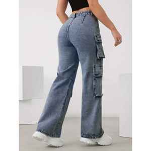 Pantalon Cargo Femme Taille Haute Jambe Large Imprimé Personnalisé Jeans Respirant 6 Poches avec Patchs Tissu Adoucissant - Product Image 5