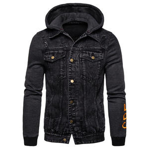 Chaqueta vaquera negra con capucha para hombre, ajustada, desgastada, estilo urbano, con rotos, estilo hip hop, informal, para exterior, al por mayor - Product Image 1