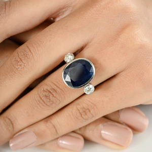 September Birthstone 100% Genuine Blue Sapphire & <b>Diamond</b> Three Stone Ring For Wedding Bezel Setting 18K White Gold Jewelry - Product Image 6