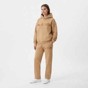 <b>Womens</b> Beige Cotton Fleece Hoodie Tracksuit Set Pullover Sweatshirt <b>Jogger</b> Pants Matching Casual Sportswear Loungewear - Product Image 1