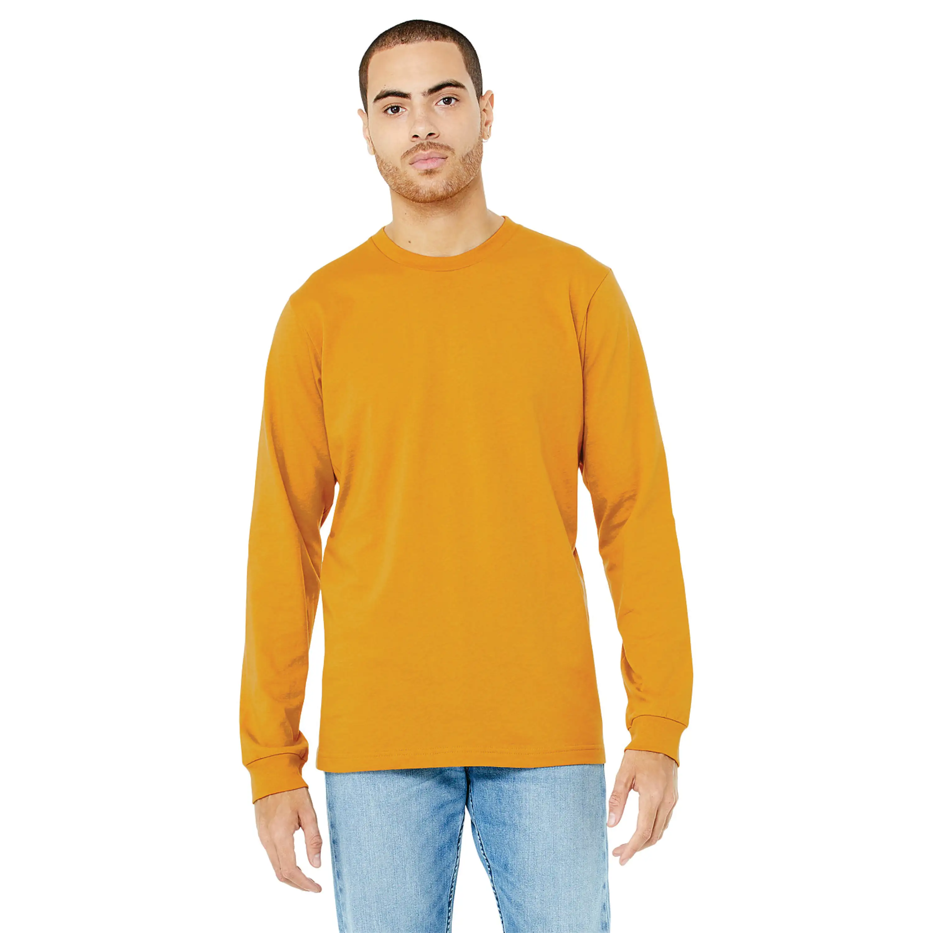 100% Airlume Combed and Ring Spun Cotton 32 Single 4.2 oz Mustard Classic Crew Neck Unisex Jersey Long Sleeves T-Shirt