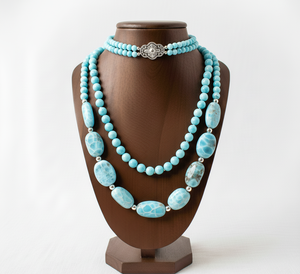 High Quality 18-Inch Silver 925 Geometric Imitation Pearl <b>Beaded</b> Necklace Unisex Hand Knotted Trendy Natural Larimar Stone Gift - Product Image 1