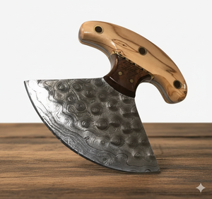 Couteau Ulu artisanal avec lame en acier Damas Raindrop, manche en bois, couteau à dépecer avec étui en cuir, MOQ 5 pièces - Product Image 3