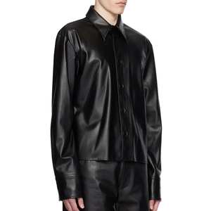 Chemise en cuir de haute qualité pour homme, coupe ample, manches courtes, col, couleur personnalisée, streetwear baggy, chemises en cuir pour homme - Product Image 2