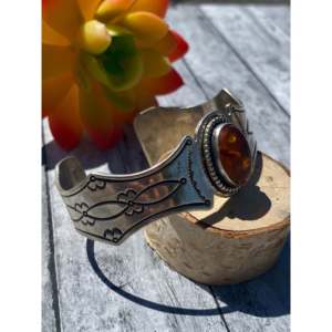 Navajo Pawn-Made Sterling <b>Silver</b> & Amber Fashion <b>Cuff</b> <b>Bracelet</b> - Product Image 3