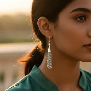 Boucles d'oreilles pendantes en argent pour femmes, bijoux tendance et religieux avec zircon et perle, clous en acier inoxydable et laiton pour les fêtes - Product Image 2