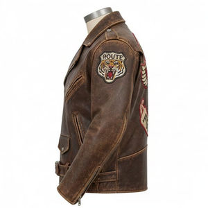 Chaqueta de Motero de Cuero Genuino Desgastado Estilo Vintage 2026, con Bordado Personalizado de Calavera Wild Rebels, Chaqueta Moto Ajustada de Lona Estilo Punk para Hombre - Product Image 4