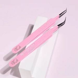 Juego de pinzas de pestañas de volumen de punta de fibra de etiqueta privada personalizada Pinzas de pestañas de acero inoxidable para extensión de pestañas con Rosa Lite - Product Image 3