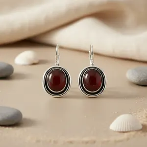 Boucles d'oreilles pendantes vintage en argent 925 pour femmes, pendentif en cornaline rouge avec perle d'eau douce pour les fêtes - Product Image 1