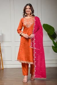 Designer <b>Kurta</b> Set Roman <b>Silk</b> With Embroidery Sequence Work Pakistani Kurti Pant with Dupatta set from Indian Supplier - Product Image 3