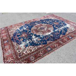 Tapis vintage turc persan en laine et latex, écologique, à poils moyens, motif classique rouge et bleu patchwork, grande surface 7,7 x 10,8 pieds pour - Product Image 2