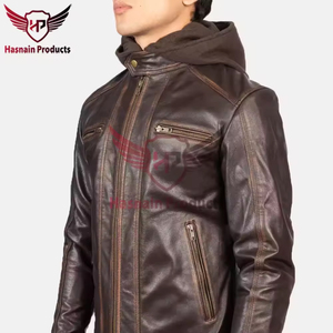 Mens Real Brown Leather Hooded <b>Jacket</b> Distressed Zip Chest Pockets <b>Sheepskin</b> Dark Racer Biker Coat Custom Vintage Winter Outerwe - Product Image 6