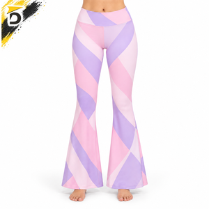 Leggings évasés taille haute à imprimé géométrique rose et violet, en tricot extensible, longueur intégrale, pour femme, toutes saisons, coupe cloche - Product Image 1