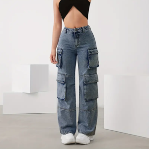 Femmes taille haute Cardo Denim pantalon jean plusieurs poches Streetwear jambe large Style empilé Cargo Denim Jean pour l'hiver - Product Image 1