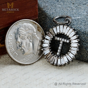 Pave Diamond <b>Initial</b> T Charm Oxidized 925 <b>Silver</b> Baguette Diamond Alphabet Pendant <b>Necklace</b> Unisex Jewelry Wholesale - Product Image 3