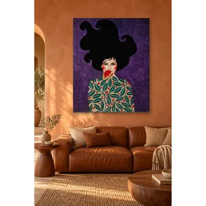 Fille Fida tenant une grenade avec un motif de feuilles sur fond violet, impression sur toile - Product Image 5